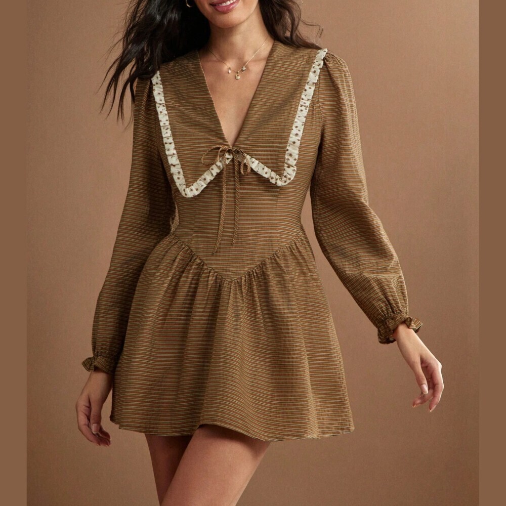 Brown Striped Deep V Neck Floral Trim Tie Front Mini Dress w/ Empire Waist